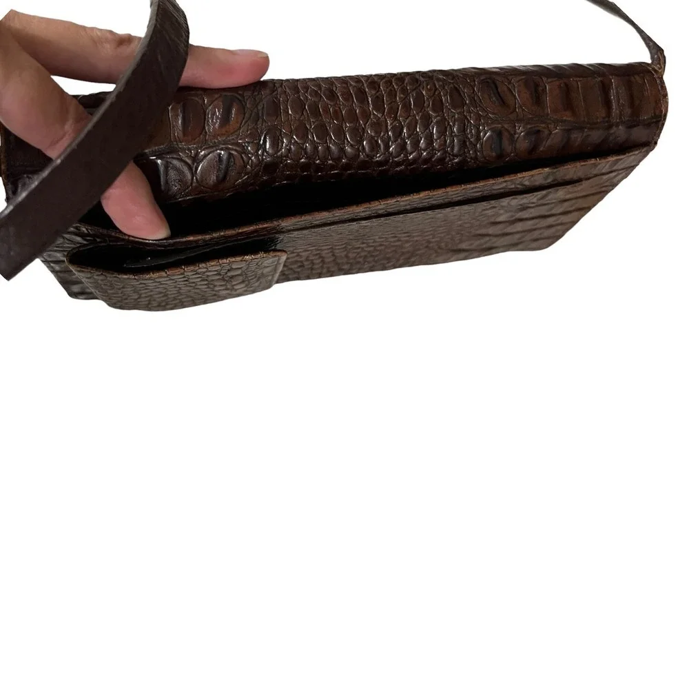 Brighton Brown Croc Embossed Leather Crossbody Shoulder Bag Silver‎ Hardware
